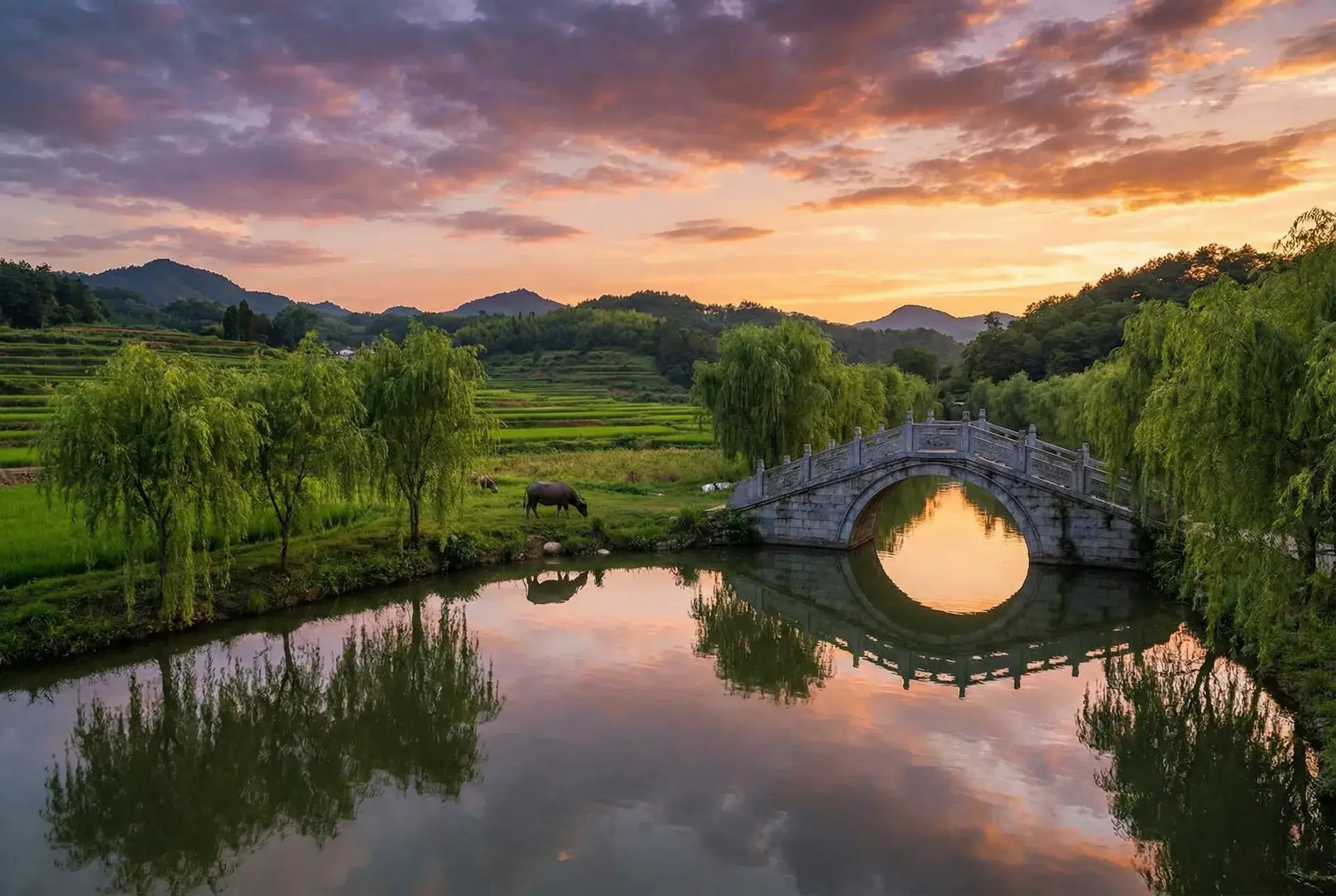 夕阳下的石拱桥与垂柳，水牛在河边吃草 - 微信炸屎特效上线 乡村美景